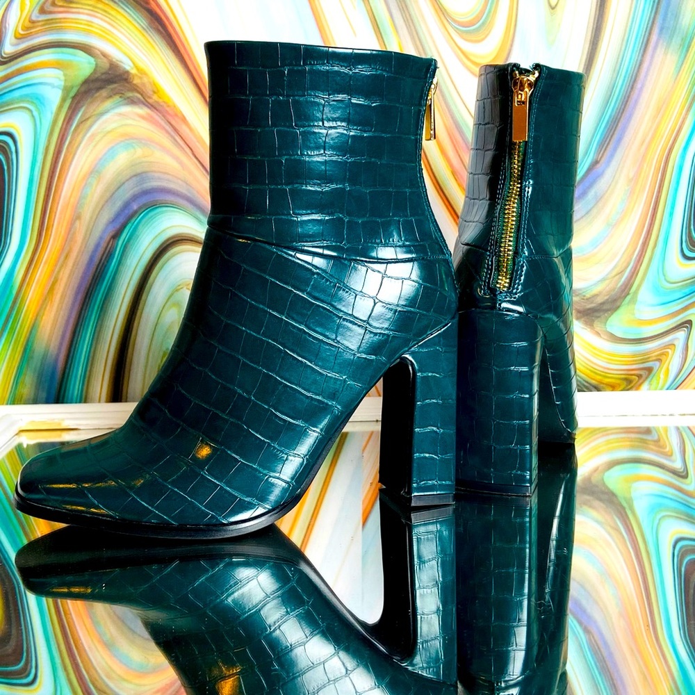 Jade green vegan snakeskin block heel boots